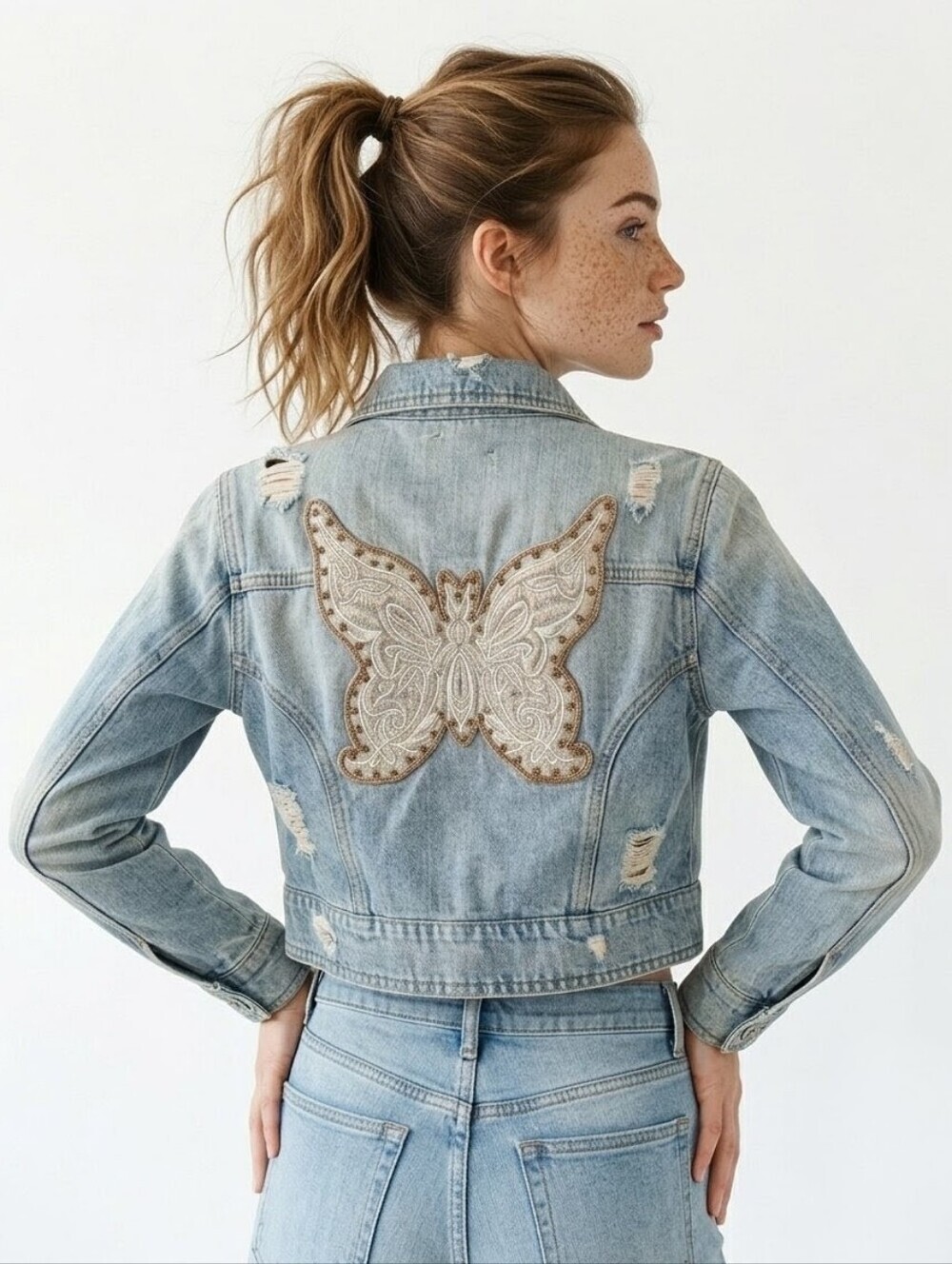 Squeeze Vintage Distressed Cropped Butterfly Beaded Denim Jacket - NWT